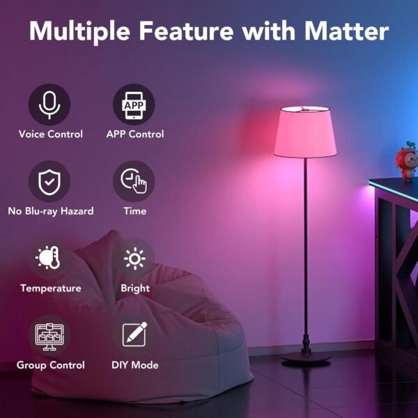 PARTPHONER Matter Smart LED Light Bulb Work with Google Home/Alexa/Apple Home/SmartThings/Siri, A19 E26 800LM Color Changing Light Bulb with Music Sync, Smart Home Integration, 2.4Ghz WiFi 4 Pack - Image 4