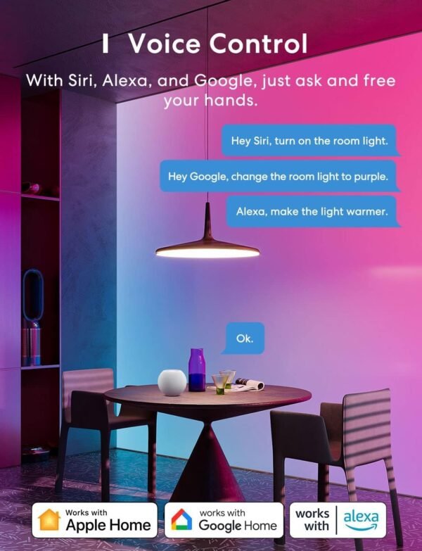 meross Smart Light Bulb, Smart WiFi LED Bulbs Compatible with Apple HomeKit, Siri, Alexa, SmartThings, Dimmable E26 Multicolor 2700K-6500K RGBWW, 900 Lumens 60W Equivalent 2 Pack Cool White A19 - Image 2