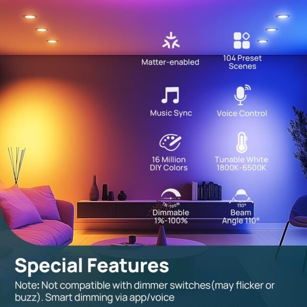 Linkind Matter Smart Light Bulb,1200LM BR30 Smart Flood Light Bulbs Work with Alexa, RGBTW Recessed Color Changing Bulbs, 2.4GHz Only WiFi Light Bulbs LED, A19 E26, 2Pack - Image 6