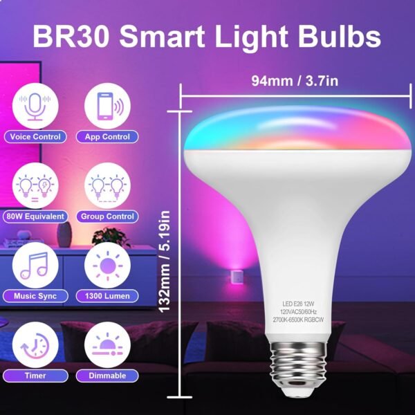 Smart Light Bulbs, Dimmable BR30 Color Changing Light Bulbs, E26 LED Flood Light 1300LM 13W (Equivalent 100W), Work with Alexa/Google Home/SmartThings, Music Sync Light Bulb 2.4G WiFi only - Image 2