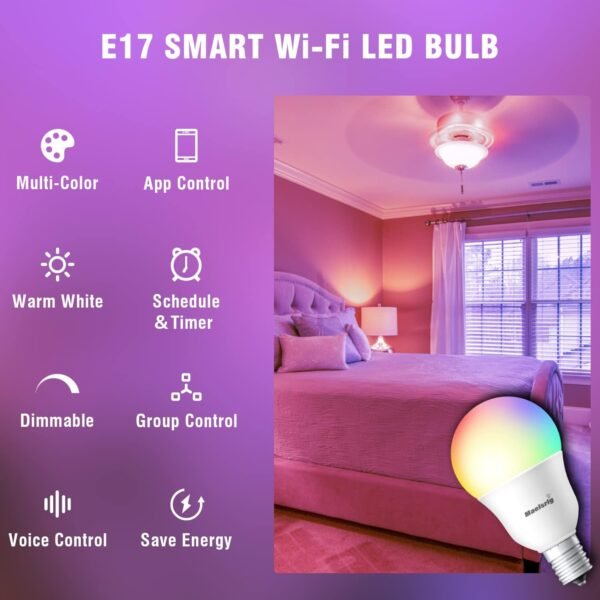 E17 Intermediate Base Smart Bulb, LED WiFi Light Bulb, Smart Light Bulb That Work with Alexa & Google Assistant, A15 Color Changing Light Bulb, No Hub Required, 40W Equivalent 500LM, 3-Pack - Image 3