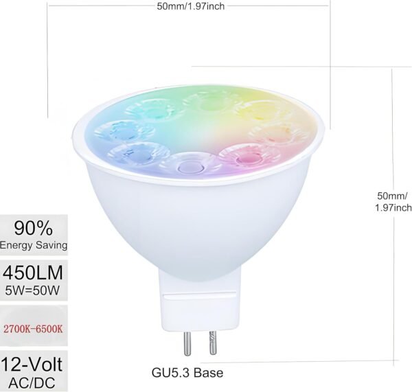 Smart MR16 LED Bulbs Dimmable Color Changing,12Volt Gu5.3 Bi-Pin Base,RGB MR16 LED WiFi Bulb Works With Alexa,Adjustable 16Million Colors And Music Sync,For Living Roomn Bedroom Office Hotel Etc.4Pack - Image 3