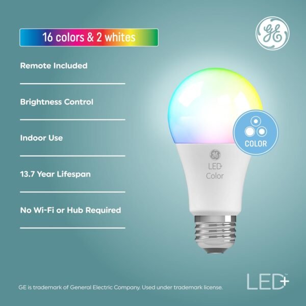 GE LED+ Color Changing LED Light Bulbs with Remote, No App or Wi-Fi Required, A19 Standard Bulbs (2 Pack) - Image 2