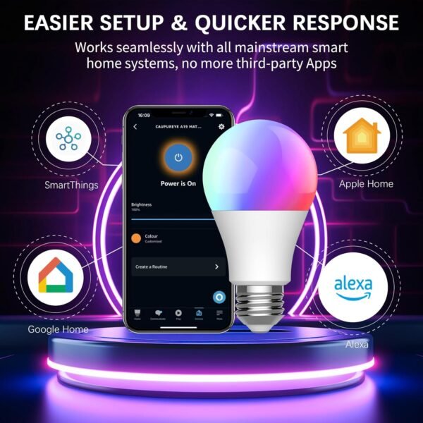 Light Bulbs with Matter, Smart Light Bulbs, WiFi Led Light Bulb Works with Alexa/Google Home/Apple Home/SmartThings, Hub Required, Smart Bulb, Color Changing Light Bulb, A19, E26, 2 Packs - Image 3