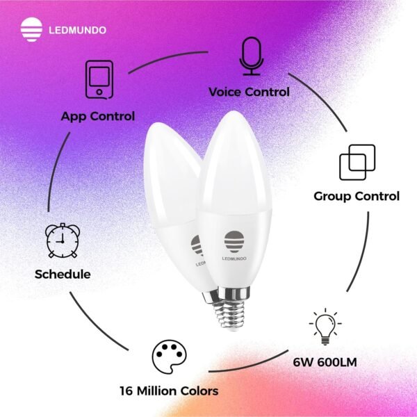 Smart Candelabra LED Bulbs, 600LM, 6W LED Candelabra Bulb E12 Base, 60W Equivalent, B11 RGB Color Changing Bulb, Dimmable, Compatible with Alexa Google Assistant, 4 Pack - Image 2