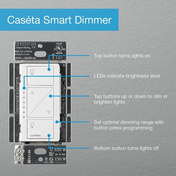 Lutron Caseta Smart Lighting Original Dimmer Switch, for Light Bulbs, Works w/ Alexa, Apple Homekit, Google Home (Hub Required), 150W Single-Pole/3-Way, No Neutral Required, PD-6WCL-WH, White - Image 11