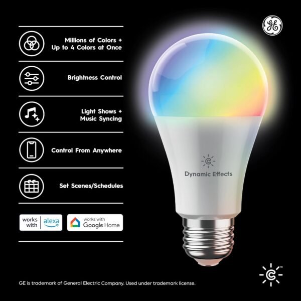 Cync GE Dynamic Effects A19 Smart LED Light Bulb, Color Changing Smart WiFi Light, Compatible with Alexa and Google Home (2 Pack) - Image 2