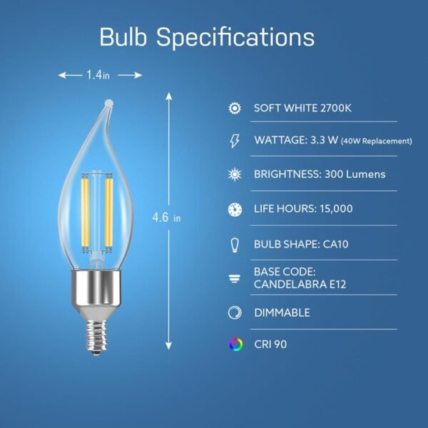 Feit Electric Smart LED Candle Wifi Bulb, Works with Alexa or Google Assistant, E12 base, No Hub, Flame Tip Filament Chandelier Light Bulb, 2700K Soft White, 4 Pack CFC40/927CA/FIL/AG/4 - Image 2
