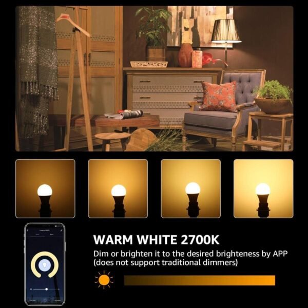 Lighting EVER LED Smart Light Bulbs, Compatible with Alexa and Google Assistant, 60 Watt Equivalent, Dimmable with App (Not Support Traditional Dimmers), Warm White 2700K, A19 E26, 2.4GHz WiFi Only - Image 2