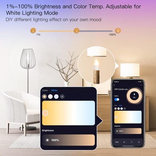 MoesGo Smart Candelabra Led Light Bulbs, WiFi E12 Smart Bulbs, 2700K-6500K CW& RGB Dimmable, Smart Life/Tuya APP Remote Control, Work with Alexa/Google Home, 470lm 5W (40W Equivalent) 2 Pack No Hub - Image 4