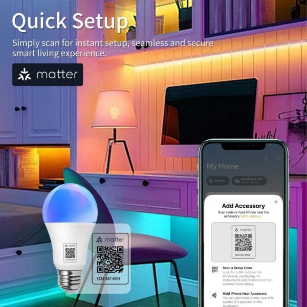 Matter Smart RGBTW WiFi LED Bulb,HomeKit Light Bulb Color Changing, Music Sync with Chirstmas Party, 60W, E26 Base, Works with Siri/Alexa/Google Home, 1 Pack - Image 3