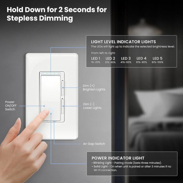 Feit Electric Smart Dimmer Switch, Neutral Wire Required for Installation, Compatible with Amazon Alexa and Google Assistant, Smart Dimmer Light Switch, White, Model:DIM/WiFi - Image 4