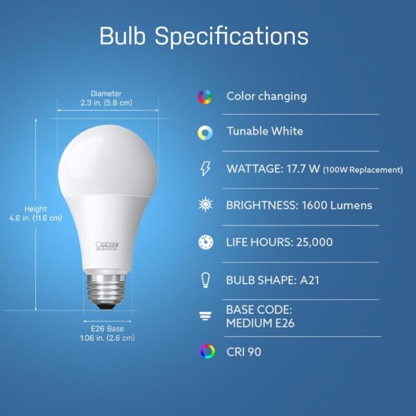 Feit Electric Smart Bulb, 100W Equivalent Color Changing and Tunable White, 2.4Ghz Wifi light bulb, No Hub Needed, Works with Alexa and Google Assistant, High CRI Dimmable LED OM100/RGBW/CA/AG, 1 Pack - Image 2