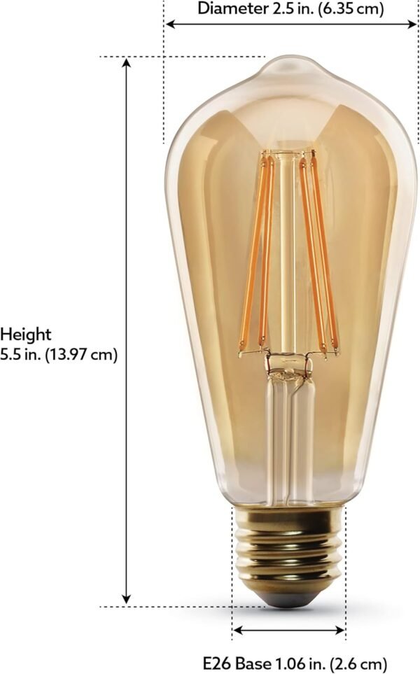 Feit Electric ST1960/FIL/AG 60 Watt Equivalent WiFi Dimmable, No Hub Required, Alexa or Google Assistant ST19 Edison Vintage LED Smart Light Bulb, Yellow, 5.4" H x 2.5" D, 2100K Amber - Image 6