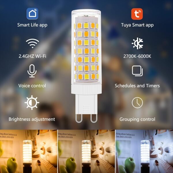 2Pack Dimmable Wi-Fi Smart LED Bulbs with G9 Base,Compatible with Amazon Alexa and Google Assistant-Warm to Cool White(2700K-6000K),Adjustable Brightness From 1%-100% (120V,0.4-4.7W,40LM-450LM） - Image 5
