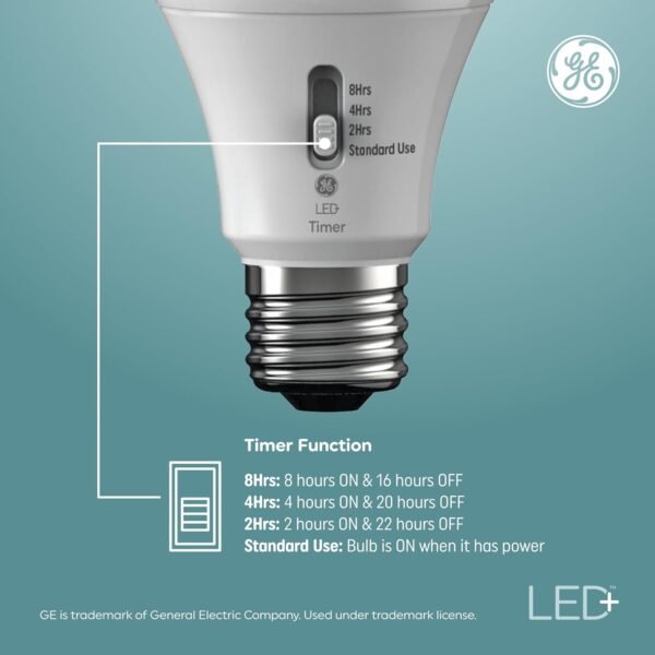 GE LED+ Timer A19 LED Light Bulbs, Built-in Automatic Indoor Timer Light, 8W, Soft White (1 Pack) - Image 3