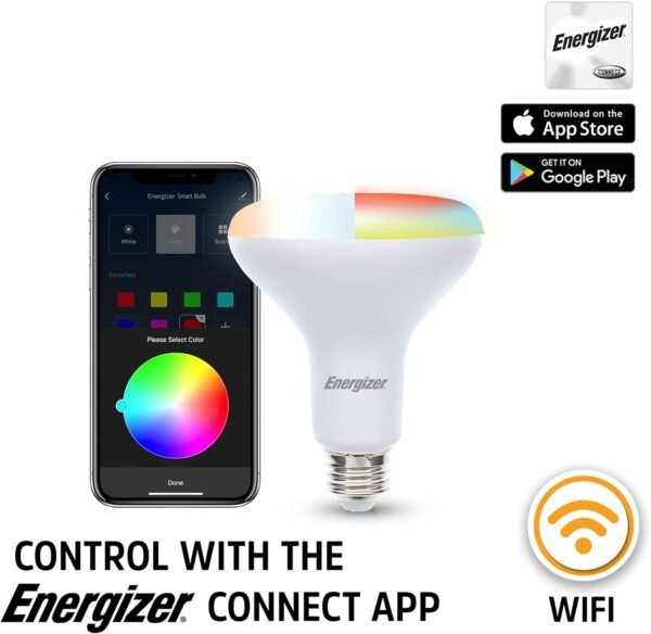 Energizer Smart LED Bulb Multi-Color and Multi-White, BR30, Google Assistant, Amazon Alexa, Siri, Connect App, 16,000,000 Lighting Customizations, Remote Lighting Schedules, 800 Lumens - Image 8
