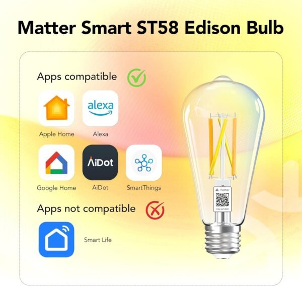 OREiN Matter Smart Light Bulb, ST19(58) Smart Edison Bulbs with Remote Control Work with Apple Home, Alexa, Google Home, SmartThings, 800lm 2700K-6500K Smart Filament Bulb E26 Base 4Pack - Image 5