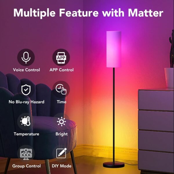PARTPHONER Floor Lamps for Living Room with Matter Smart LED Light Bulb Work with Google Home/Alexa/Apple Home/SmartThings/Siri, Modern Standing Lamp Color Changing Light Bulb, Smart Home Integration - Image 3