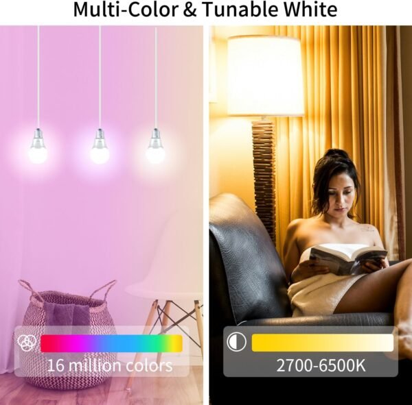 led Smart Light Bulbs, Homekit Smart Bulb 9W 900LM Compatible with Alexa, Apple Home, Google Home 2.4GHz WiFi Bluetooth Light Bulb A19 E26 RGBWW Color Changing Dimmable LED Light Bulb 2Pack - Image 7