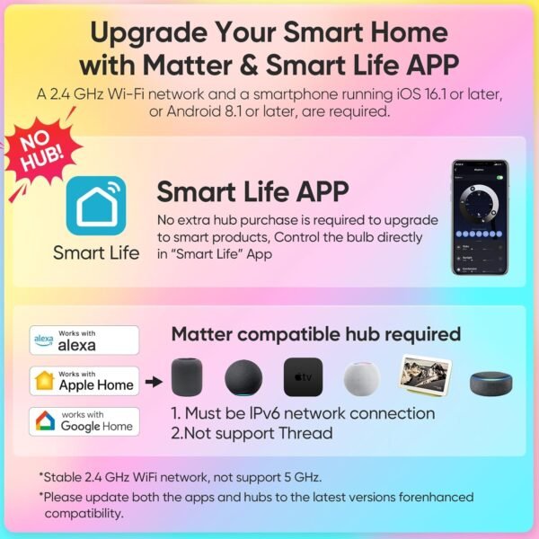 Matter Smart Light Bulbs,WiFi Smart Bulbs Work with Alexa/Google Home/Smart Life,RGBCW Color Changing LED Light Bulbs Music Sync,A21 E26 75W 1055LM,2.4Ghz WiFi Only,No Hub Required,2 Pack - Image 3
