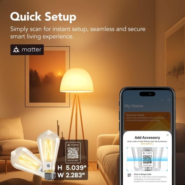 OREiN Matter Smart Light Bulb, ST19(58) Smart Edison Bulbs with Remote Control Work with Apple Home, Alexa, Google Home, SmartThings, 800lm 2700K-6500K Smart Filament Bulb E26 Base 4Pack - Image 3