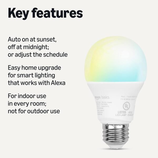 Amazon Basics Smart Indoor LED Light Bulb, Sunset-to-Midnight Activated, Works with Alexa Only, Tunable White, 1-Pack - Image 2