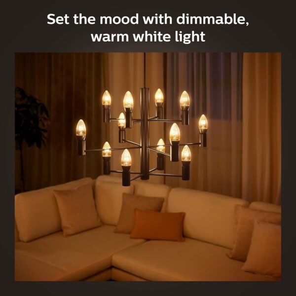 Philips Hue Smart 25W Candle-Shaped Filament LED Bulb - Soft Warm White Light - 2 Pack - 270LM - E12 - Indoor - Control with Hue App - Compatible with Alexa, Google Assistant and Apple Homekit. - Image 3