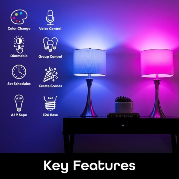 Geeni Prisma Smart Light Bulbs, 800 Lumens, 2700K Dimmable, A19, 60W Equivalent, Color Changing RGBW LED, Works with Alexa and Google Home, No Hub Required, 2.4GHz WiFi, 2-Pack - Image 2