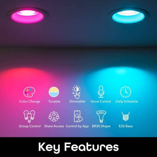 Geeni Prisma Drop 2700K-6500K Tunable and Dimmable BR30 LED Smart Light Bulb, RGBW Wifi Bulb, No Hub Required, Compatible with Alexa and Google Assistant (1 Pack) - Image 2