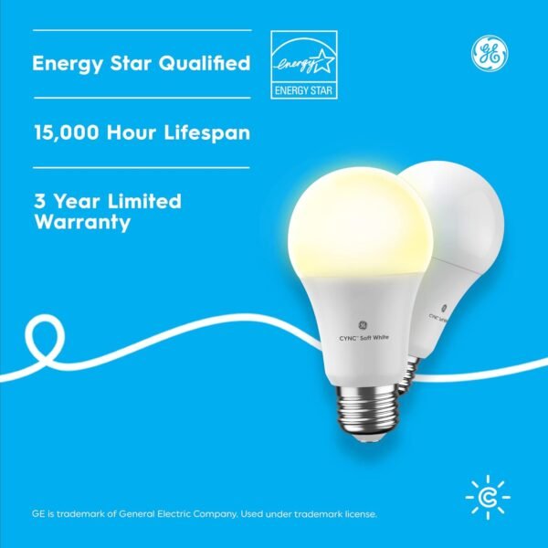 GE CYNC A19 Smart LED Light Bulbs, Soft White, Bluetooth and WiFi Light Bulbs, 60W Equivalent, Work with Amazon Alexa and Google Home (2 Pack) - Image 8
