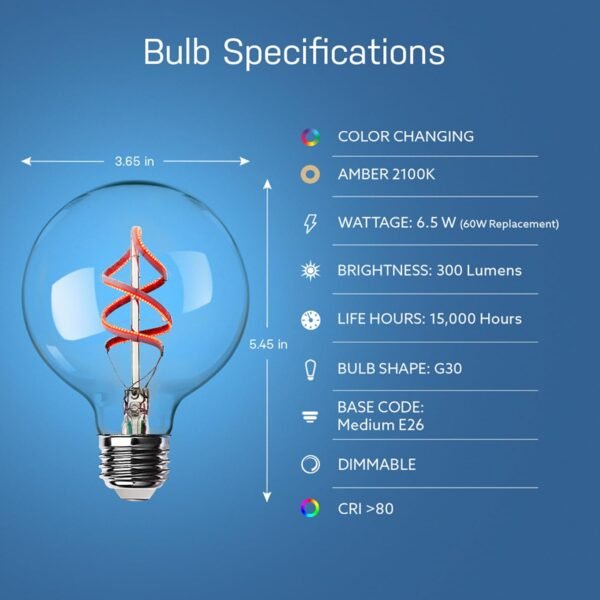 Feit Electric 60 Watt Equivalent Smart Filament Globe Bulb, Spiral Filament WiFi Dimmable, Works with Alexa and Google Assistant No Hub Required, G30 Vanity LED Smart Light Bulb G3060/RGBW/FIL/AG - Image 2