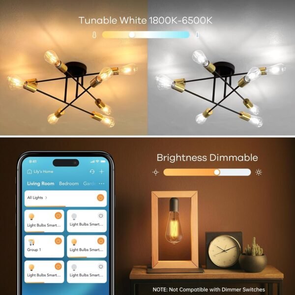 Linkind Matter Smart Light Bulb, ST19 (ST58) Smart Edison Bulbs, 2700K-6500K E26 LED Bulb 8W 60W, 800LM Edison Light Bulb, Work with Alexa, Google Home, Apple Home, SmartThings, 2.4GHz WiFi, 4-Pack - Image 6