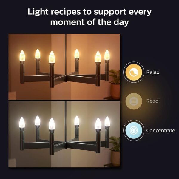 Philips Hue Smart 40W Candle-Shaped Filament LED Bulb - White Ambiance Warm-to-Cool White Light - 2 Pack - 270LM - E12 - Indoor - Control with Voice or App - Image 3