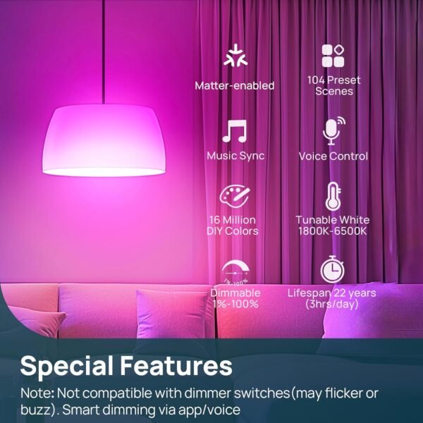 Linkind Matter Smart Light Bulb,1600LM 100W Smart Bulbs Work with Alexa/Apple Home/Google Home/SmartThings, RGBTW LED Color Changing Bulbs Music Sync, 2.4GHz Wi-Fi Light Bulbs LED 11W, A21 E26, 2Pack - Image 6