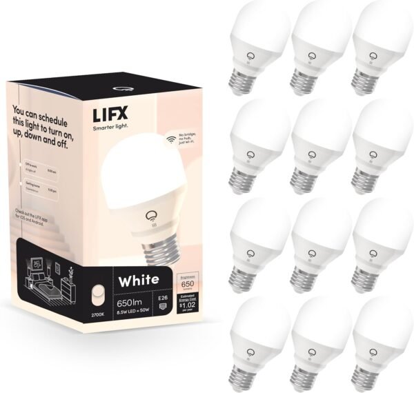 LIFX White A19 WiFi Smart LED Light Bulb, Dimmable, No Hub Required, Compatible with Alexa and Apple Home Kit, Hey Google, L3A19LW06E26US/12, 12 Pack - Image 2