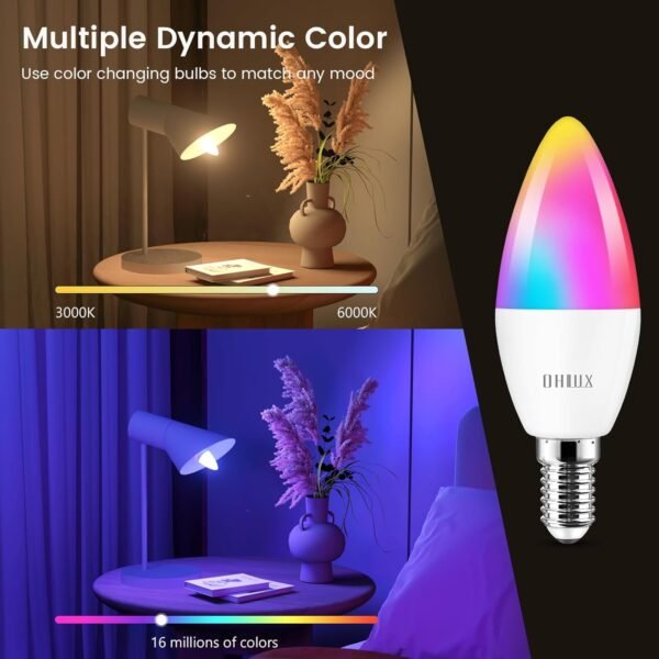 OHLUX 6 Pack E12 Smart Candelabra LED Light Bulbs, Color Changing Compatible with Google Alexa and Smart Life, 4W 40W Equivalent WiFi Candle Bulbs with Remote Control, Timer - Image 4