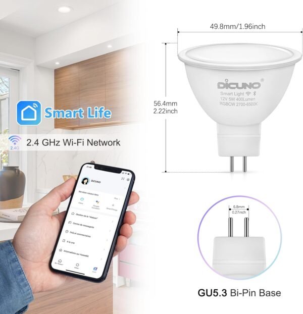 DiCUNO MR16 Smart Bulb Alexa, RGBCW Color Changing GU5.3 Light Bulb Compatible with Google Home, Dimmable with App, AC/DC 12V, 110° Beam Angle 40W 400LM, 2.4GHz WiFi, Landscape Light, 4-Pack - Image 4