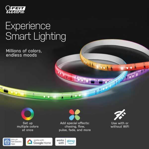 Feit Electric Smart Light Strip 16FT, Ultrathin RGBW Color Chasing LED Light Strip, 2.4GHz Wi-Fi Enabled, Works with Alexa and Google Home Assistant, Remote Control, (0.4in x 192in) TAPE192/CHASE/AG - Image 8