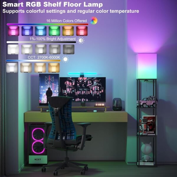 SUNMORY Floor Lamp with Shelves, Smart APP Control Standing Lamp with RGB Bulb, 4-Tier Dimmable Floor Lamps for Living Room, Tall Lamp for Bedroom, Office, Corner Display Bookshelf Lamp - Image 2
