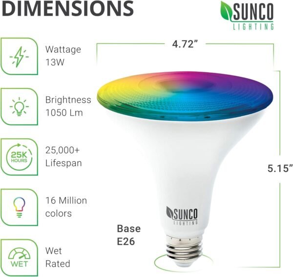 Sunco PAR38 Alexa Compatible Smart LED Bulbs, WiFi Color Changing Outdoor Flood Light, 13W, RGB Tunable White CCT, Dimmable, with Amazon Alexa & Google Assistant, No Hub Required 2 Pack - Image 3