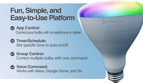 Intermatic ABRA BR30 Wi-Fi Smart Bulb, 750 Lumens - Voice Controlled RGB Color Changing LED, Compatible with Alexa & Google Home - Timers & Schedules, No Hub Required (1 Pack) - Image 3