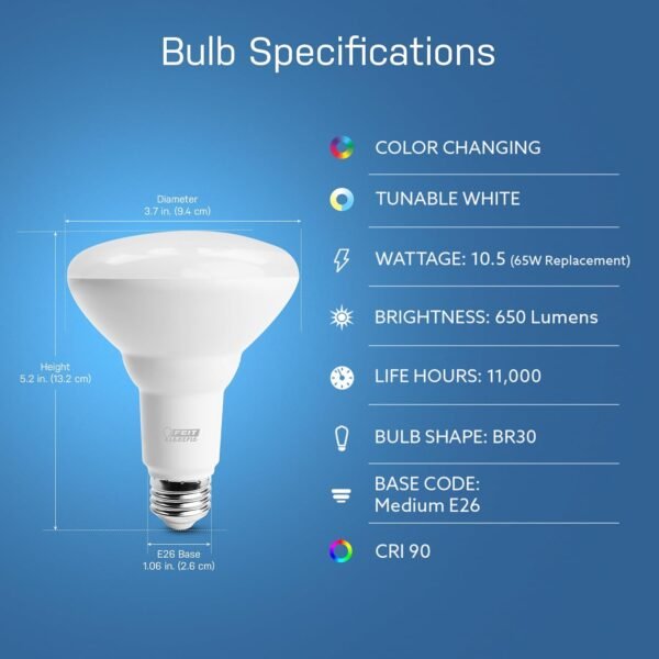 Feit Electric BR30 Smart Flood Light Bulb,2.4GHz WiFi Color Changing and Dimmable, No Hub, Works with Alexa or Google Assistant, BR30/RGBW/CA/AG, 65W, Multi-Color (RGBW), 1 Count (Pack of 1) - Image 2