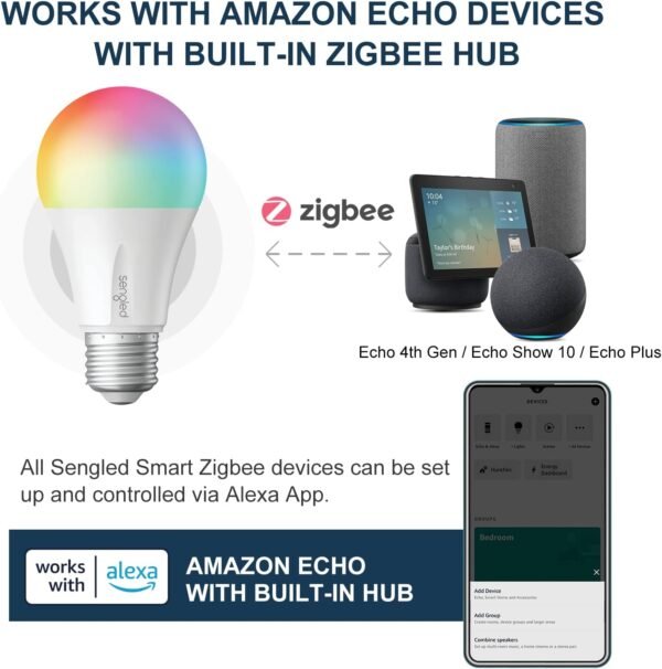 Sengled Zigbee Smart Light Bulbs, Smart Hub Required, Works with SmartThings and Echo with Built-in Hub, Voice Control with Alexa and Google Home, Color Changing 60W Eqv. A19 Alexa Light Bulb, 2 Pack - Image 9