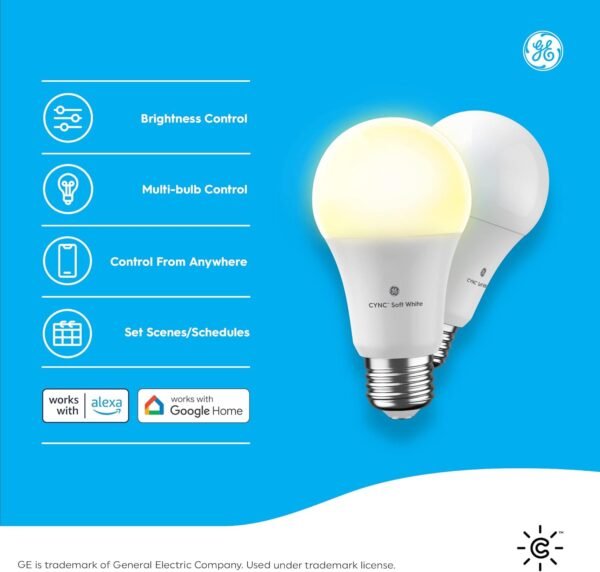 GE CYNC A19 Smart LED Light Bulbs, Soft White, Bluetooth and WiFi Light Bulbs, 60W Equivalent, Work with Amazon Alexa and Google Home (2 Pack) - Image 2