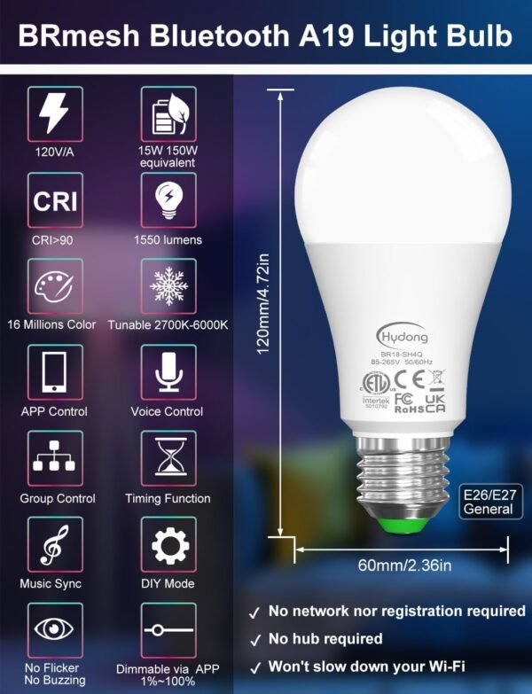 Smart Light Bulbs, 15W Color Changing Light Bulbs Compatible with Alexa Only, A19 Alexa Light Bulbs, Tunable 2700K-6000K E26 / E27 Bluetooth LED Lights for Bedroom, Living Room 4 Pack - Image 2