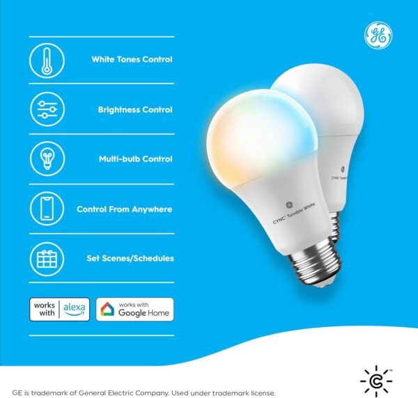 GE CYNC Smart LED Light Bulbs, Tunable White, Bluetooth and Wi-Fi, Works with Alexa and Google, A19 (2 Pack) - Image 2