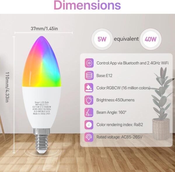ORALUCE Smart Light Bulb Compatible with Alexa & Google Home, C37 E12 LED Light Bulb 40W Equivalent, 2.4GHz WiFi & Bluetooth Color Changing APP Dimmable, Multicolor LED Bulb 450 Lumens,2P - Image 2