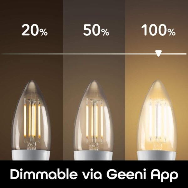 Geeni LUX Edison B11 Filament WiFi LED Smart Bulb, B11 Candelabra, 4W, E12 Base, Dimmable, White Light, Compatible with Amazon Alexa & Google Home - No Hub Required- 4 Pack - Image 3