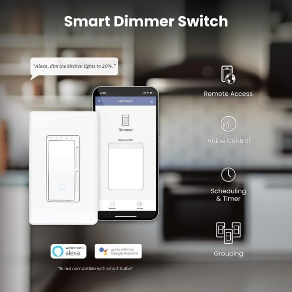 Feit Electric Smart Dimmer Switch, Neutral Wire Required for Installation, Compatible with Amazon Alexa and Google Assistant, Smart Dimmer Light Switch, White, Model:DIM/WiFi - Image 3